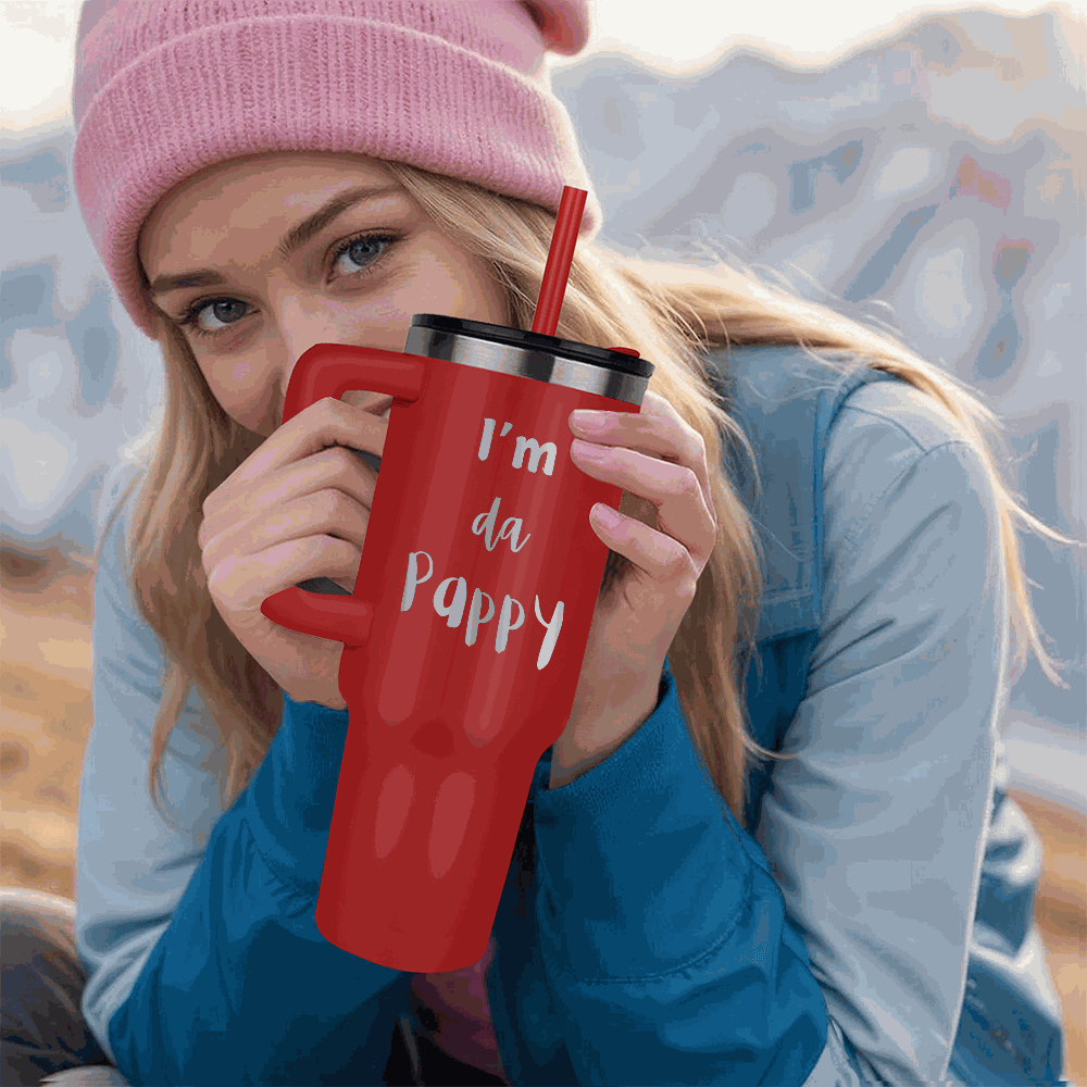 red tumbler 40oz pinnacle in a model's hands