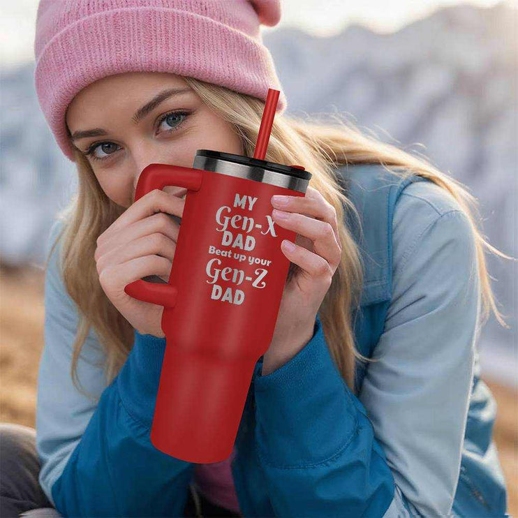 tumbler 40oz pinnacle red with model holding it