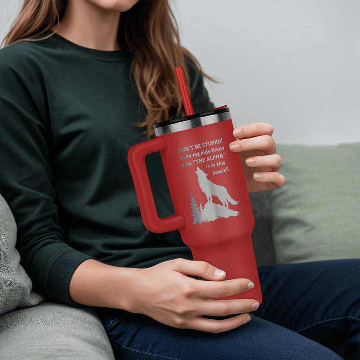 red tumbler 40oz pinnacle in a model's hands