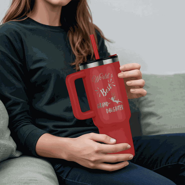 red tumbler 40oz pinnacle in a model's hand