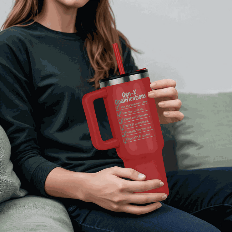 red tumbler 40oz pinnacle in model's hands