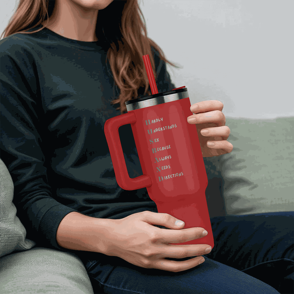 red tumbler 40oz pinnacle in the hands of a model