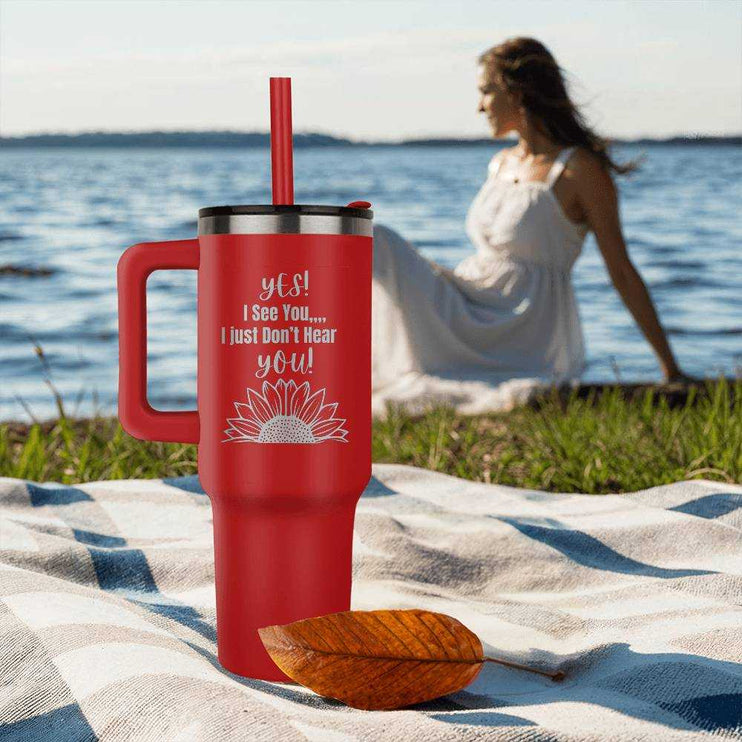 red pinnacle 40oz tumbler on beach