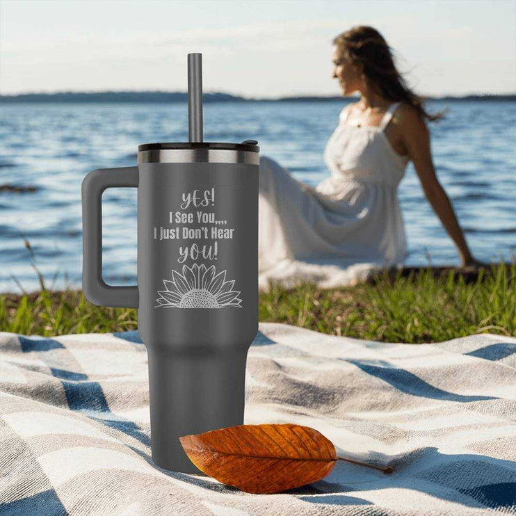 grey pinnacle 40oz tumbler on beach