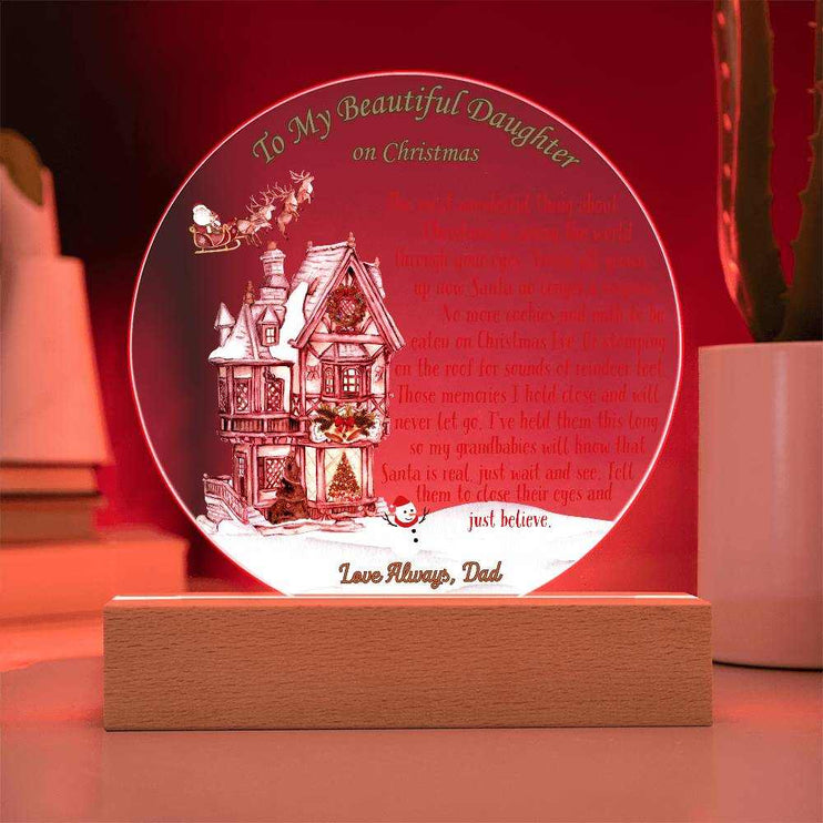 just believe 12v acrylic round plaque on a table with red light