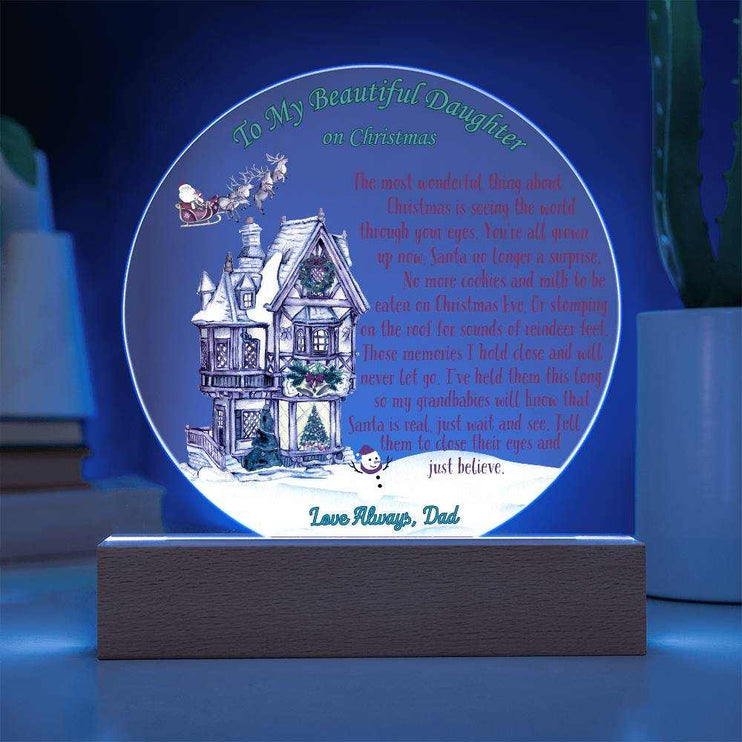 just believe 12v acrylic round plaque on a table with blue light