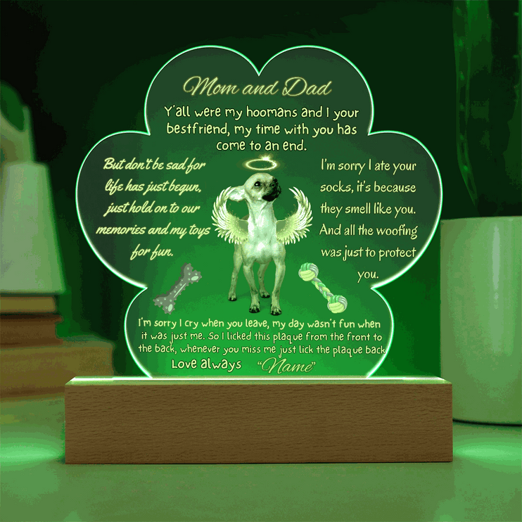 12v acrylic paw plaque with green light on