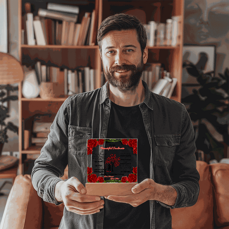 acrylic square plaque in a model's hands