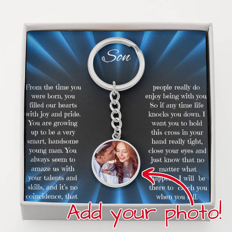 Photo Upload Personalized Circle Pendant Keychain with a stainless-steel finish inside a two-tone box