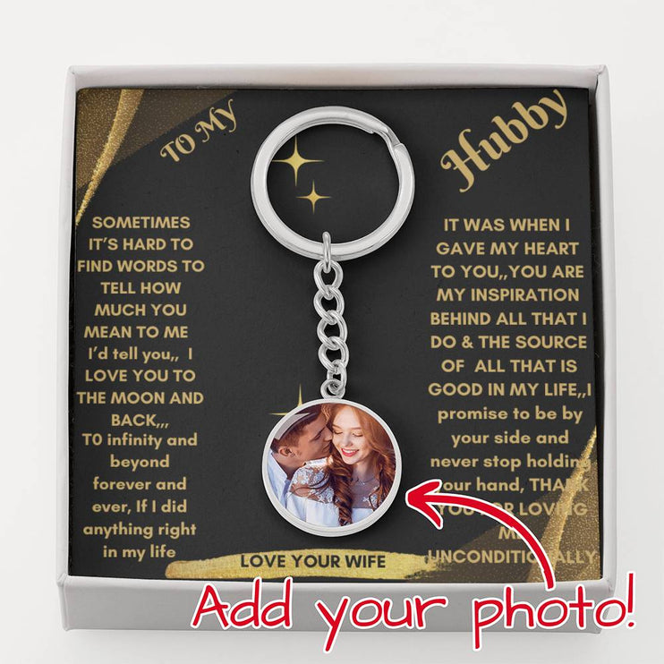 photo upload personalized circle keychain silver variant in a 2-tone box with greeting card to hubby