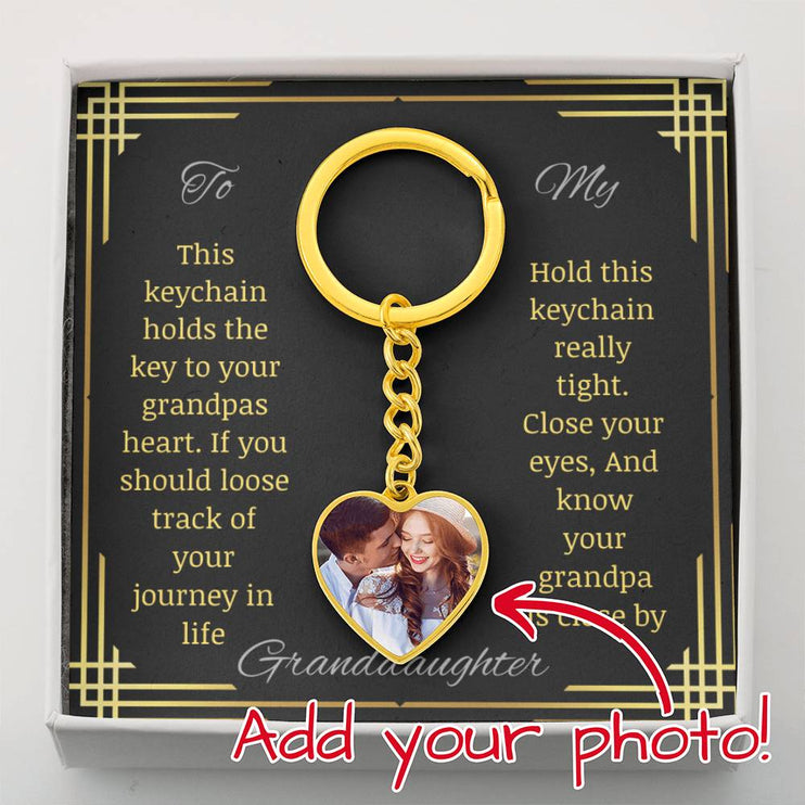 photo upload personalized heart pendant keychain with gold variation and message card to granddaughter