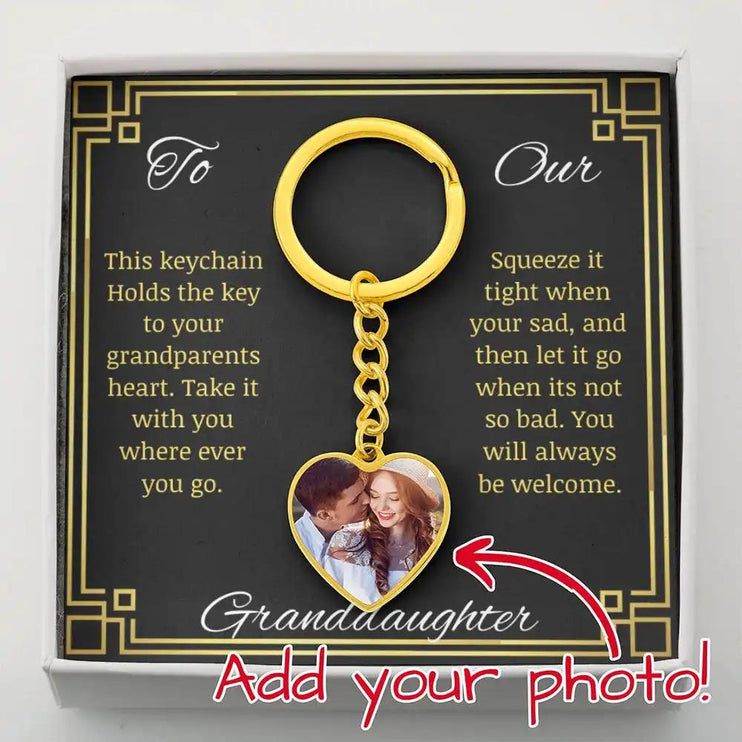 Photo Heart Pendant Keychain with yellow gold finish with a to granddaughter greeting card in a two-tone box 