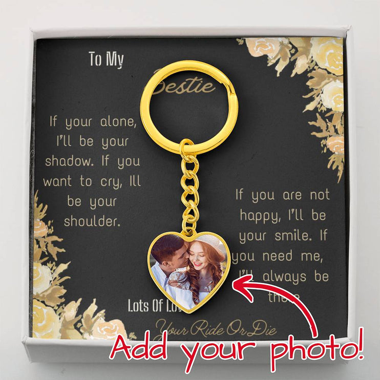 Photo Upload Personalized Heart Pendant Keychain with Gold Variation and message card.