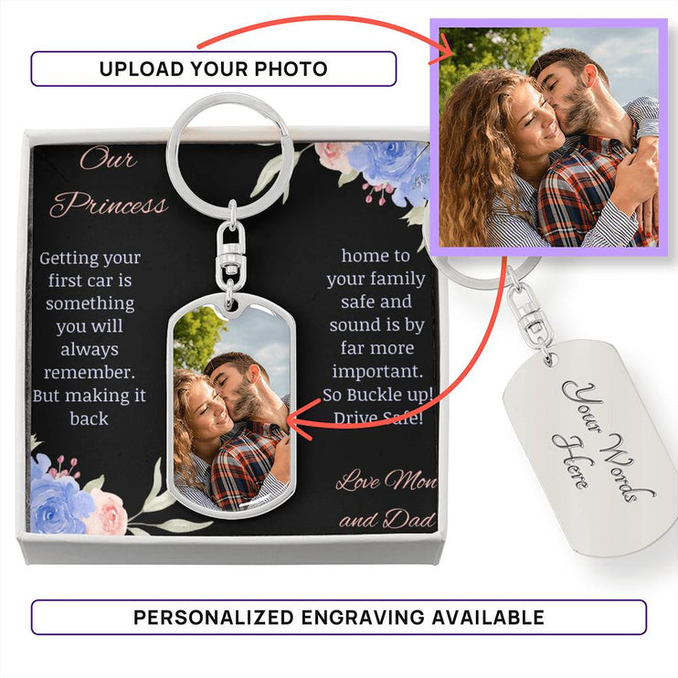 photo upload personalized dog tag swivel keychain silver variation showing personalized engraving and to princess message card