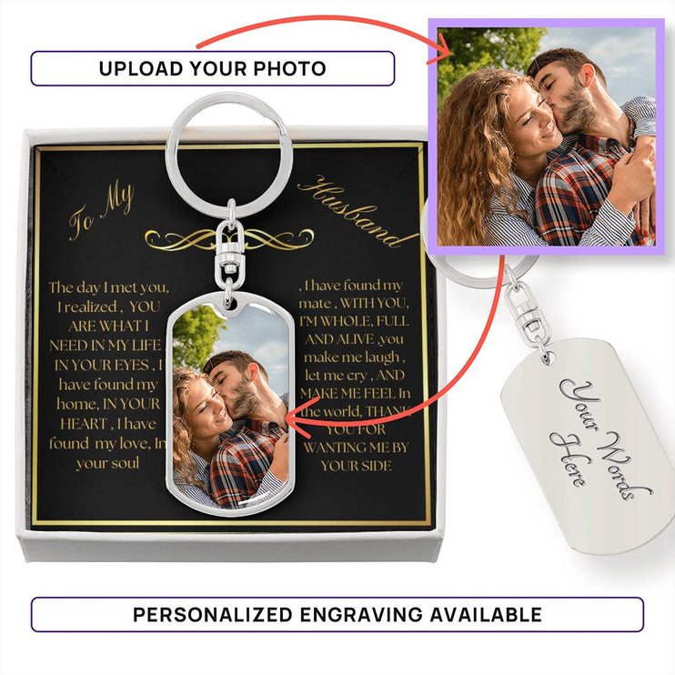 photo upload personalized dog tag swivel keychain with silver variation with to husband message card