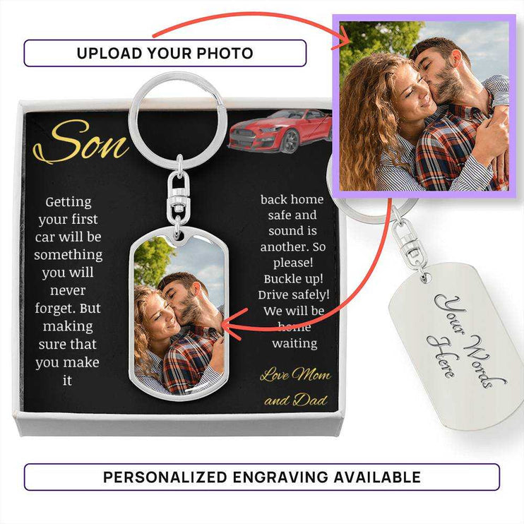A polished stainless-steel photo upload dog tag swivel keychain in a two-tone box 