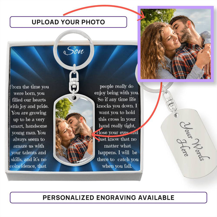 Photo Upload Dog Tag Swivel Keychain with polished stainless steel and in two-tone box