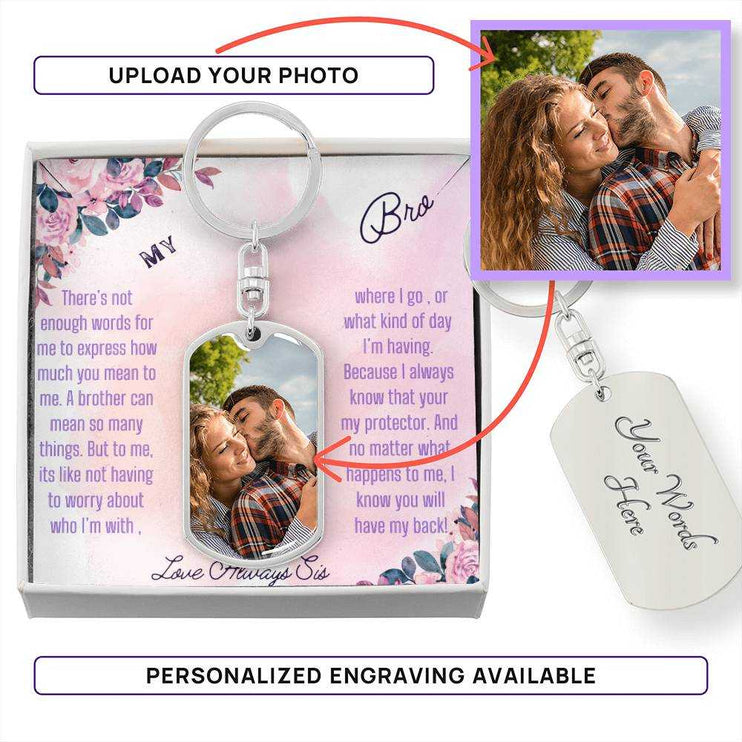  A polished stainless-steel Photo Upload Dog Tag Swivel Keychain in a two-tone box