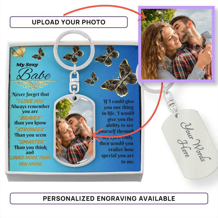 stainless-steel photo dog tag keychain in soft box