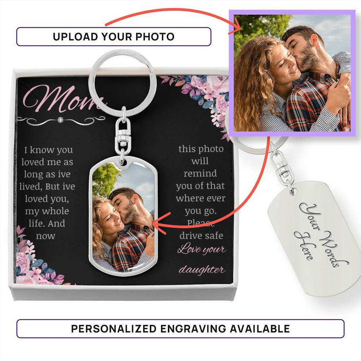 A polished stainless-steel photo upload dog tag swivel keychain in a two-tone box 