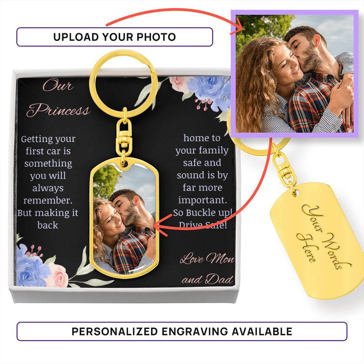 photo upload personalized dog tag swivel keychain gold variation showing personalized engraving and to princess message card