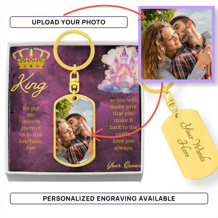 A yellow gold finish photo upload dog tag swivel keychain in a two-tone box 