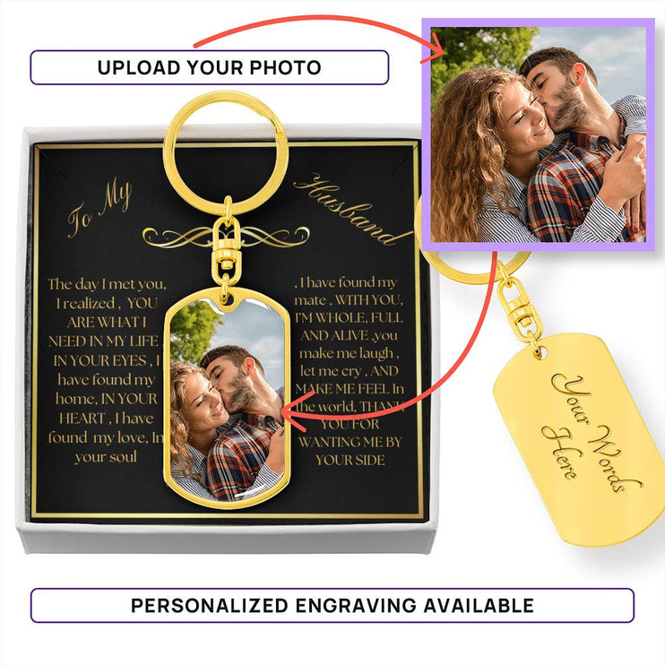 photo upload personalized dog tag swivel keychain with gold variation with personalized engraving and to husband message 