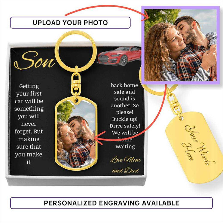 A yellow gold finish photo upload dog tag swivel keychain in a two-tone box 
