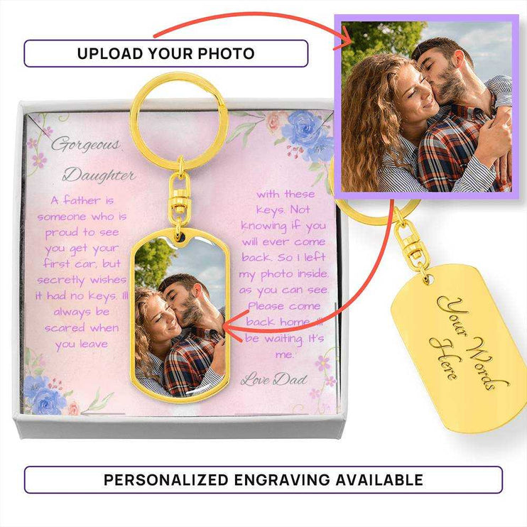 A yellow gold finish photo upload dog tag swivel keychain in a two-tone box