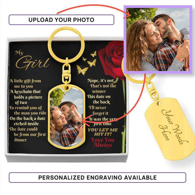 18k gold photo dog tag keychain in soft box