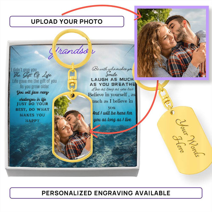 Photo Upload Dog Tag Swivel Keychain in yellow gold finish and two-tone box