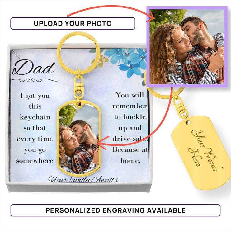 A yellow gold finish photo upload dog tag swivel keychain in a two-tone box
