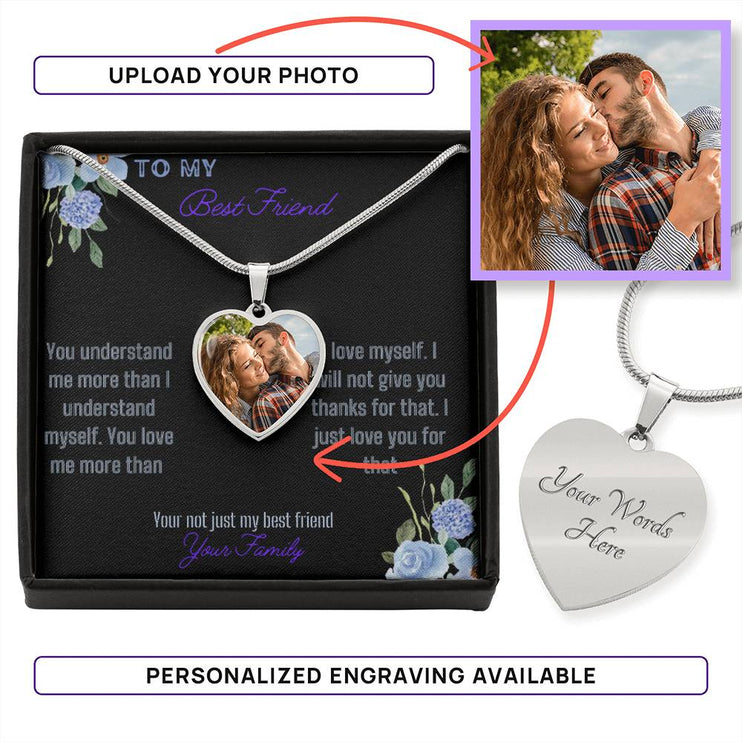a photo upload personalized heart pendant necklace in a two-tone box.