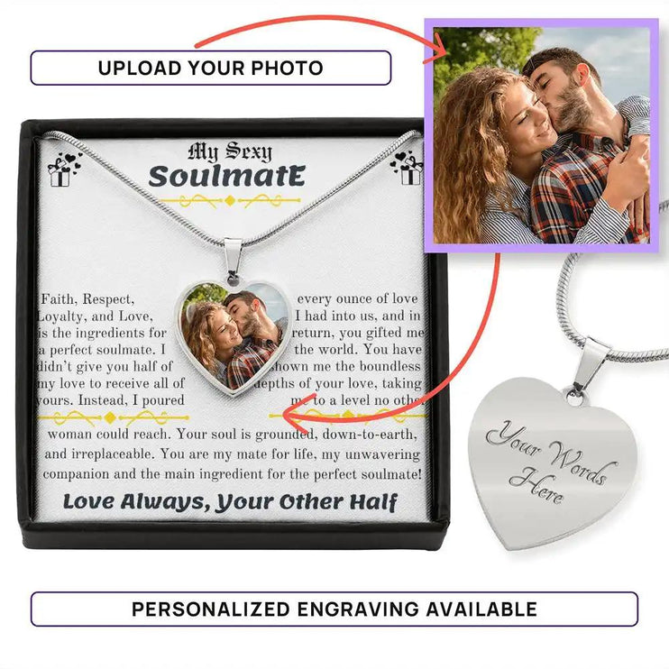 a polished stainless-steel photo heart pendant necklace showing engraving