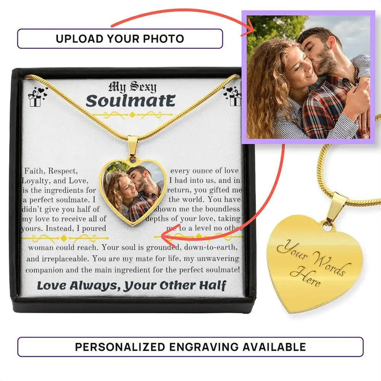 a yellow gold photo heart pendant necklace showing engraving option