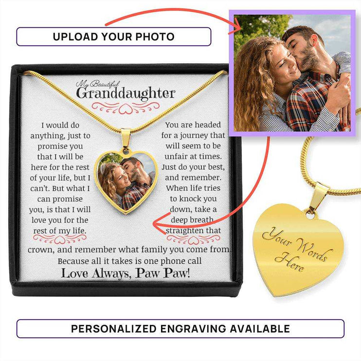 a yellow goldphoto upload personalized heart necklace up close in a box