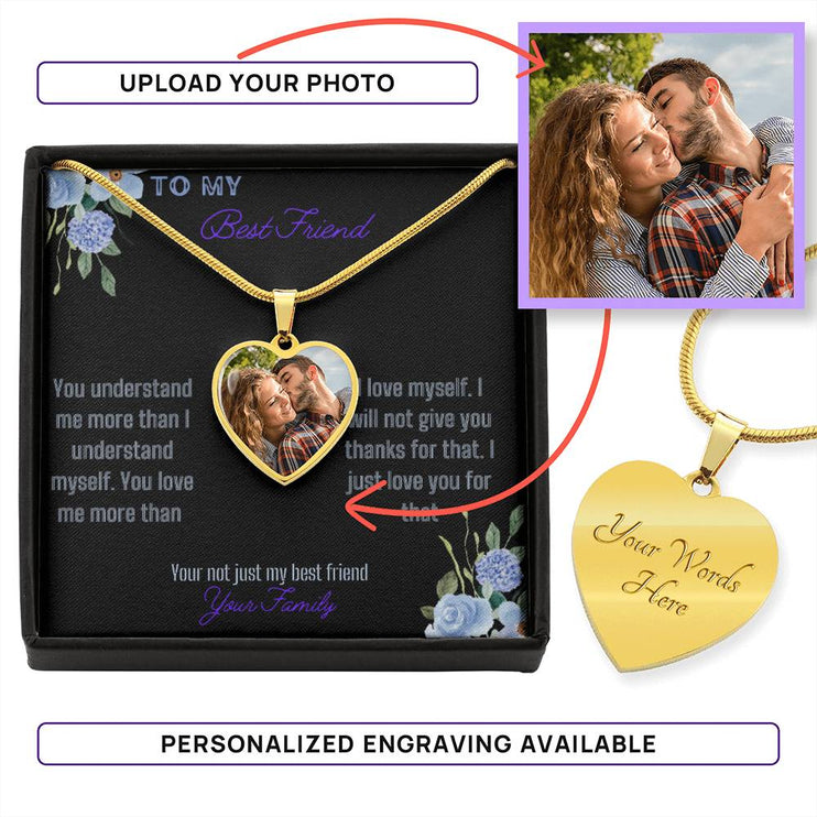 a yellow gold photo upload personalized heart pendant necklace.