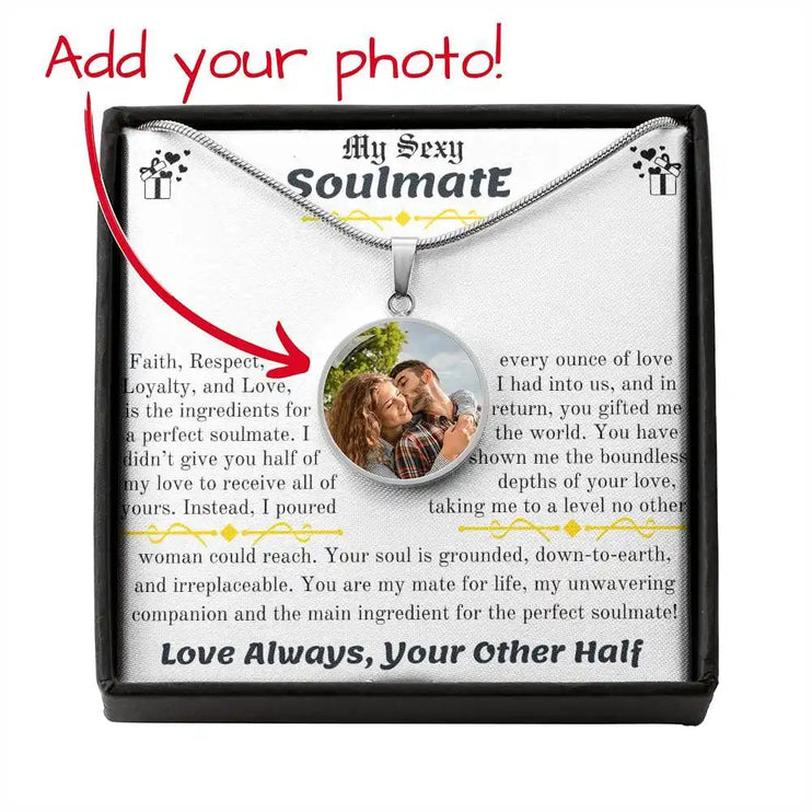 a photo circle pendant necklace in a two-tone box