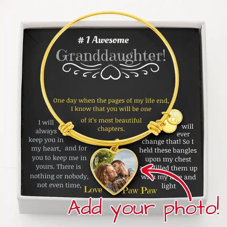 a yellow gold photo upload personalized heart bangles