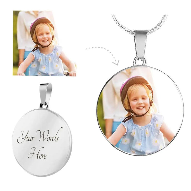 A polished stainless-steel photo upload personalized circle pendant necklace