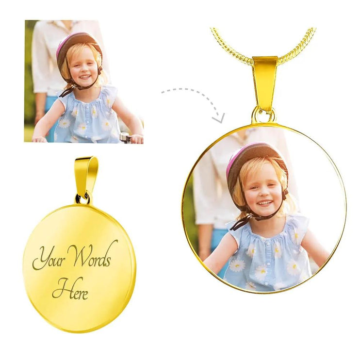 A yellow gold finish photo upload personalized circle pendant necklace