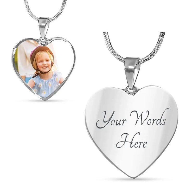a polished stainless-steel photo upload personalized heart pendant necklace back.