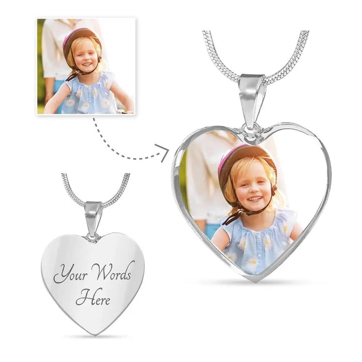a polished stainless-steel photo upload personalized heart pendant necklace front.