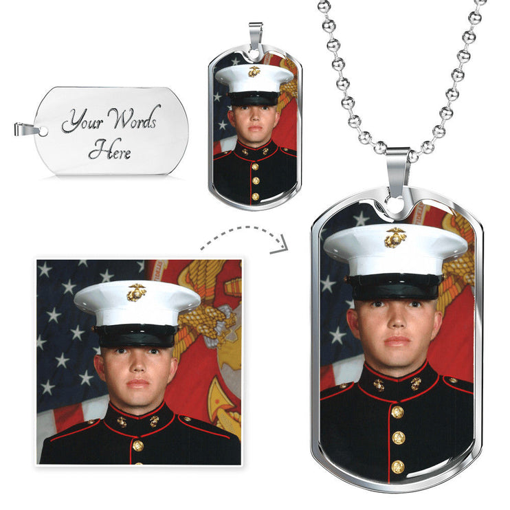 A polished stainless-steel photo upload military dog tag necklace.