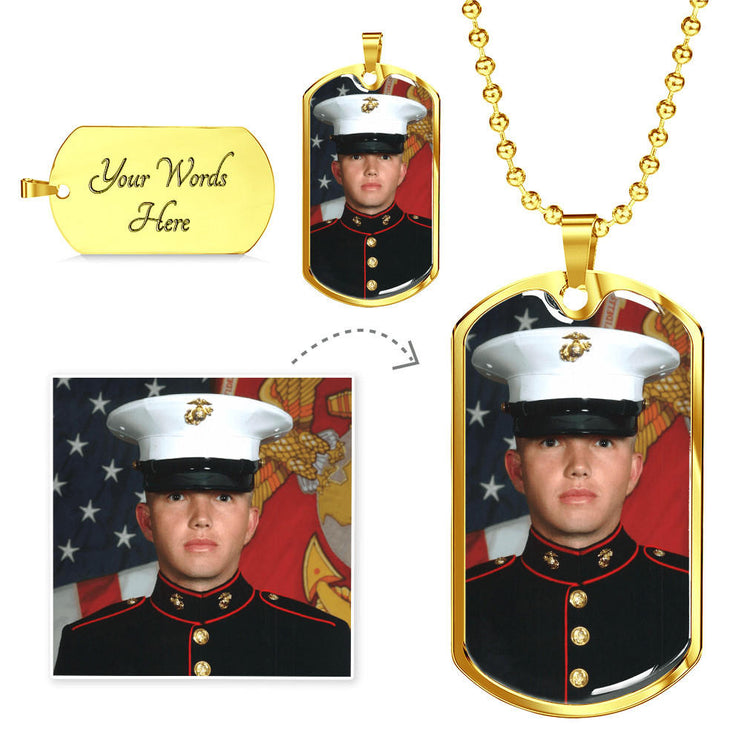 A yellow gold photo upload military dog tag necklace.