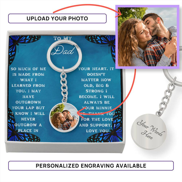 Photo Upload Personalized Circle Pendant Keychain in two-tone box in polished stainless steel.