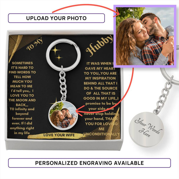 photo upload personalized circle keychain silver variant in a 2-tone box with greeting card to hubby