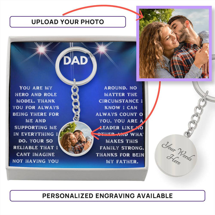 photo upload personalized circle keychain in 2-tone box with silver variant and greeting card to dad
