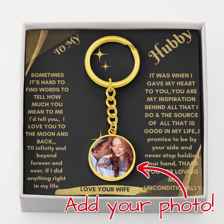 photo upload personalized circle keychain gold variant in a 2-tone box with greeting card to hubby