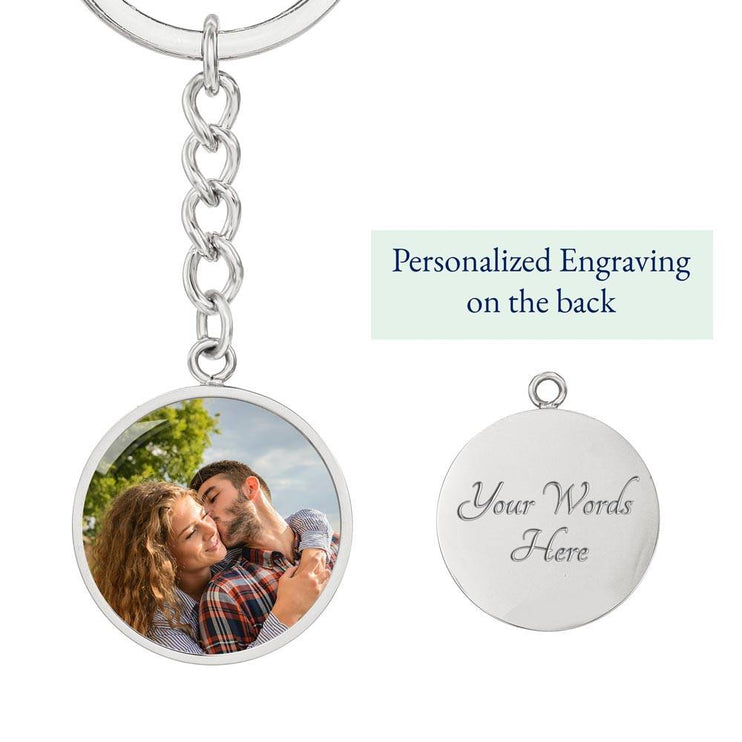 Photo Upload Personalized Circle Pendant Keychain in polished stainless-steel.